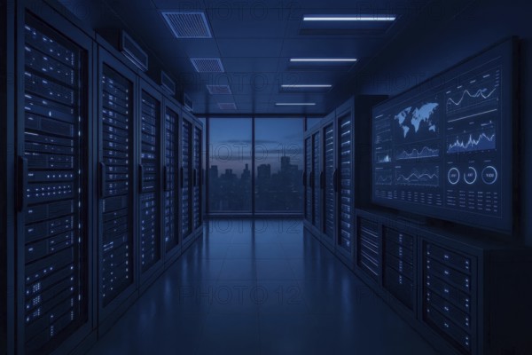 This image showcases a cutting-edge data center, highlighting the technology infrastructure and its