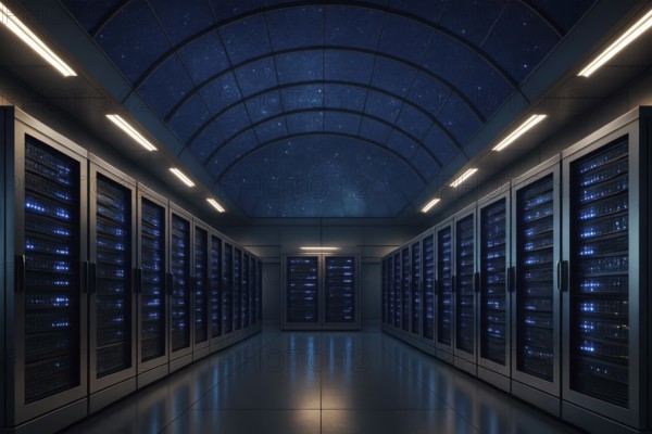 This futuristic data center showcases advanced technology and secure data storage solutions, AI
