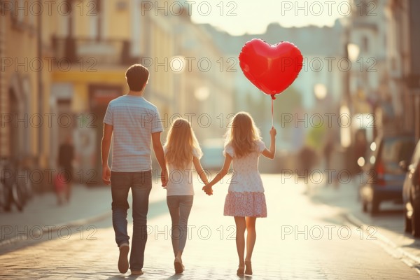 Two girls and their father are walking down the street, the girl is holding a heart-shaped balloon,