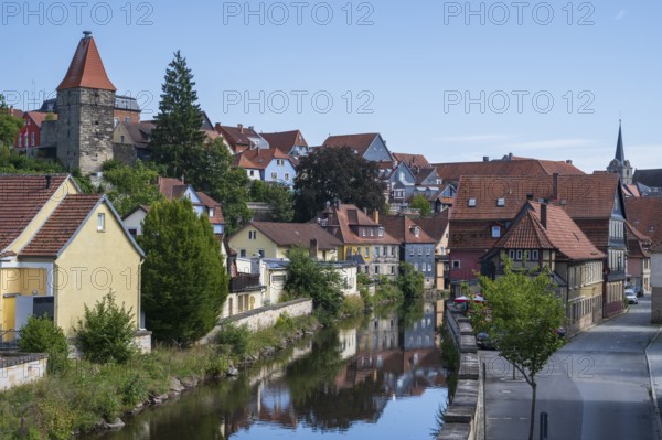 View of the old town on the river Hasslach, reflection, Kronach, Upper Franconia, Franconia,