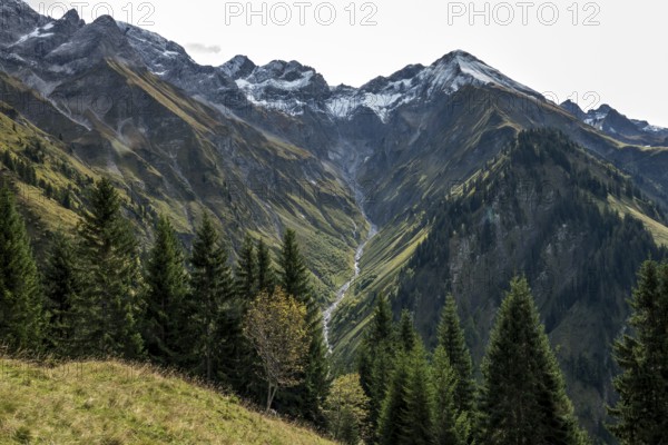 View of the Bacherloch Valley and the mountains of the Allgäu Alps with Wilder Mann and