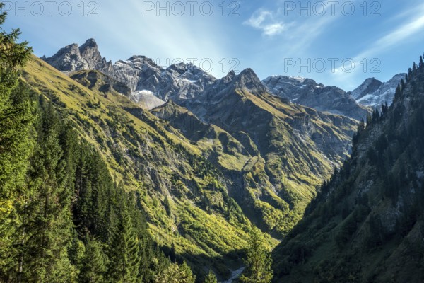 View of the Bacherloch Valley, in the back mountains of the Allgäu Alps with Trettachspitze,
