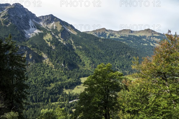 View of Stillachtal, behind Fellhorn, Schlappoldkopf and Söllerkopf, Oberstdorf, Oberallgäu,