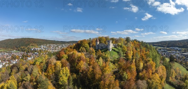 Aerial view, panorama of the ruins of Honburg Castle on the Honberg above the town of Tuttlingen,