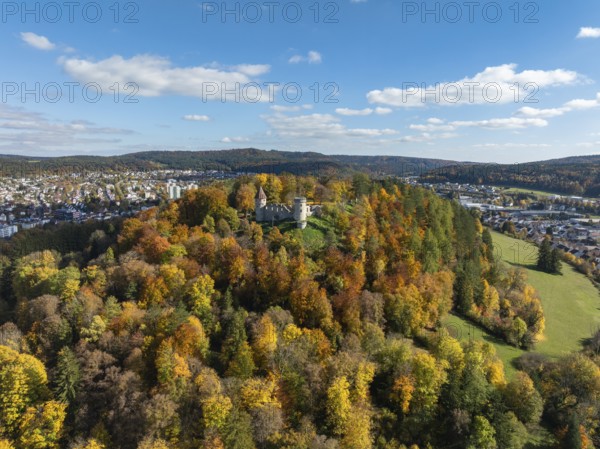 Aerial view of the ruins of Honburg Castle on the Honberg above the town of Tuttlingen, surrounded