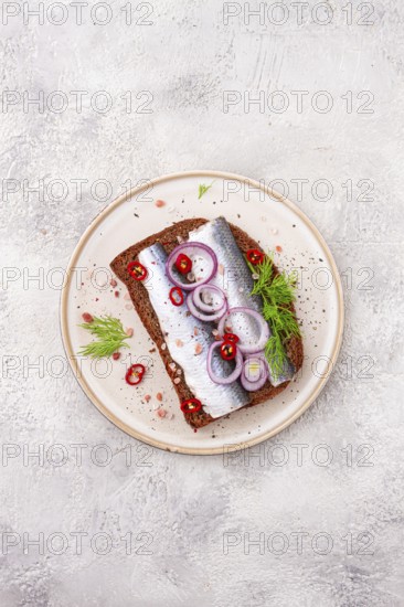 Sandwiches, Herring fish, on dark rye bread, sprinkled with onion, chili pepper and herbs, on a