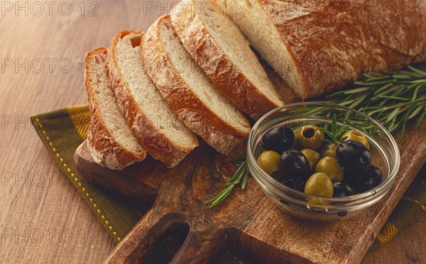 Sliced ciabatta, on a chopping board, with rosemary and olives, Italian bread, close-up, Italian