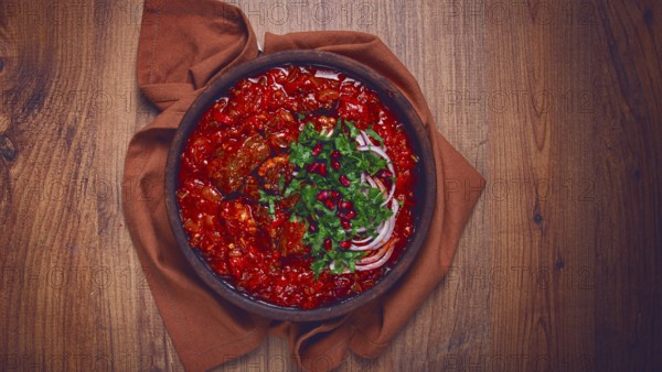 Chashushuli, a traditional Georgian dish, spicy, stewed meat with tomatoes and spices, homemade, no