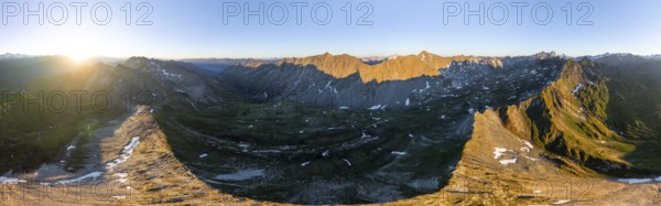 Sunrise 360° Alpine panorama, aerial view of Bachlenkenkopf, summit of the Großvenediger, Venediger