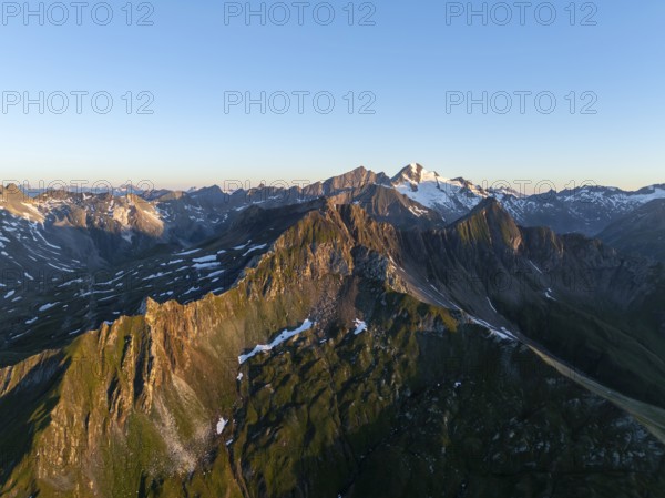 Alpine panorama, aerial view, summit of the Großvenediger, Venediger Group and Lasörling Group,