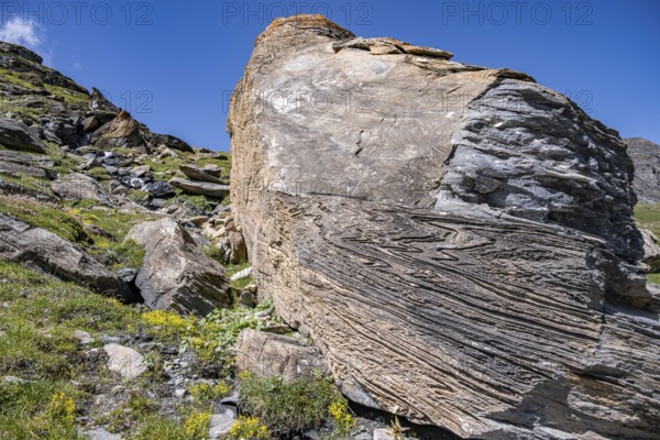 Large rock in the foreground shows fascinating rock structures under a blue sky, Valais Alps,