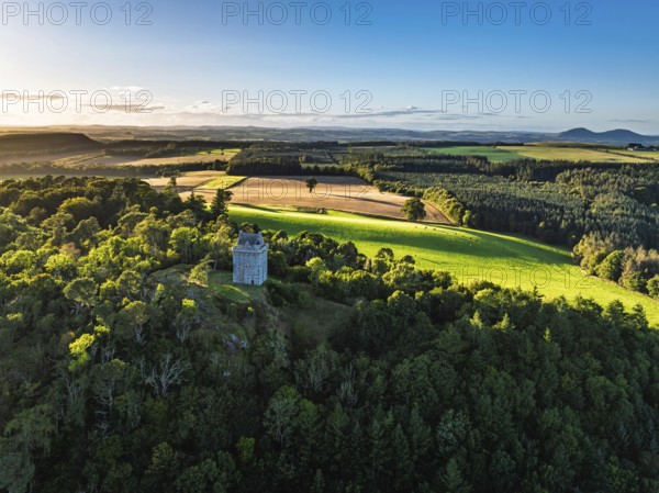 Fatlips Castle from a drone, Minto Crags, River Teviot, Roxburghshire, Scottish Borders, Scotland,