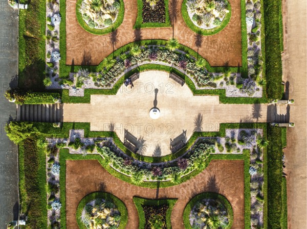 Top Down view over Italian Garden in Abbey Park from drone, Torquay, Torbay, Devon, England, United
