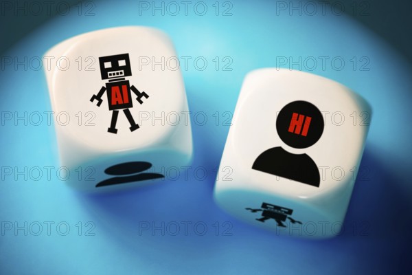 Two dice with human and AI symbols and the inscriptions AI artificial intelligence and HI human