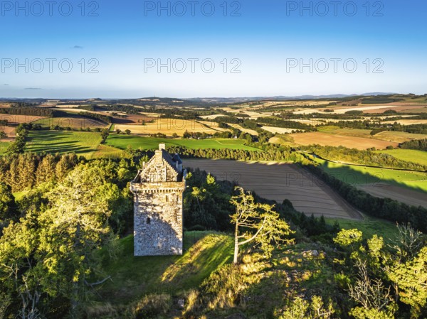 Fatlips Castle from a drone, Minto Crags, River Teviot, Roxburghshire, Scottish Borders, Scotland,