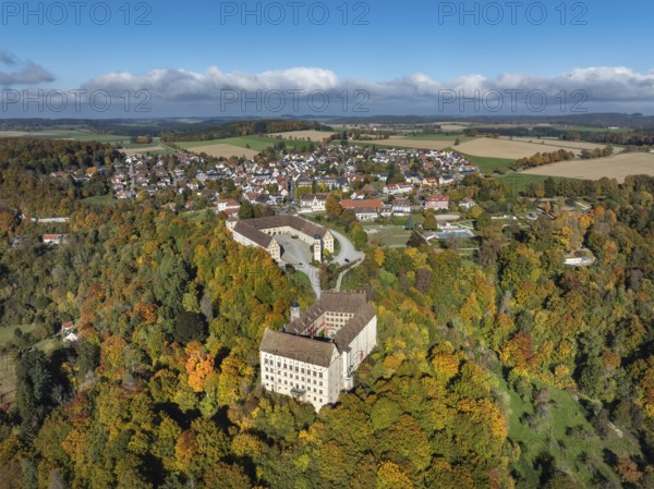 Aerial view of Heiligenberg Castle, a Renaissance-style palace complex, Tübingen administrative