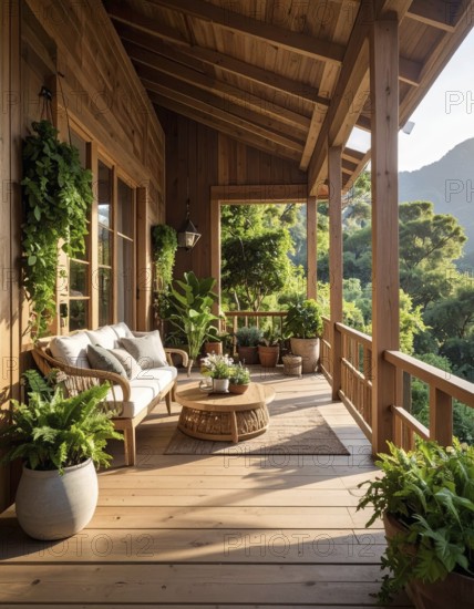 An eco-friendly porch designed for sustainable living in an environmentally-conscious home, lush