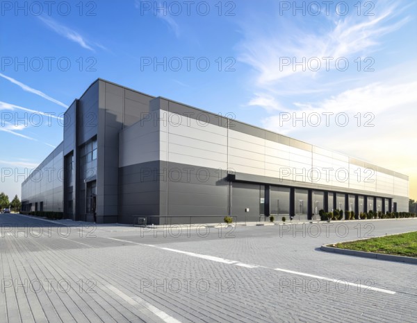 Modern supermarket building exterior against blue sky, Inviting white facade, some clouds, concept