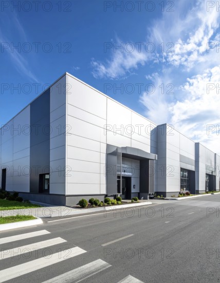 Modern supermarket building exterior against blue sky, Inviting white facade, some clouds, concept