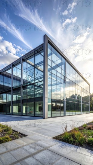 Modern architectural framework with glass and steel structure, glass facade with a greed of steel