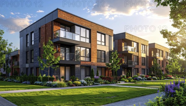 Modern apartment building with balconies and well-kept landscaping at sunset, Modern multifamily