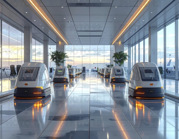 Autonomous cleaning roboter at modern airport terminal, showcasing advanced technology, daylight in