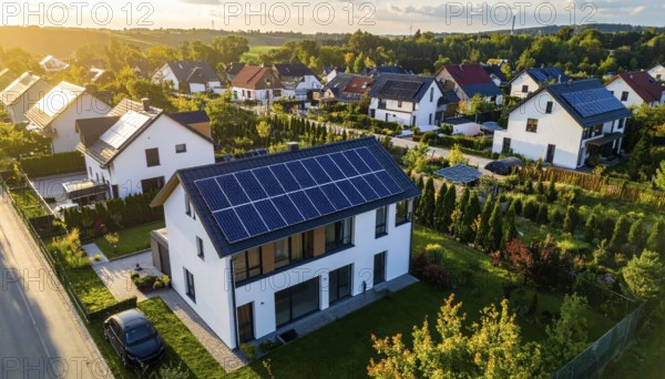 Aerial view showcases modern houses with solar panels and green roofs in a suburban setting,