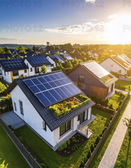 Aerial view showcases modern houses with solar panels and green roofs in a suburban setting,