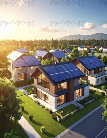 Aerial view showcases modern houses with solar panels and green roofs in a suburban setting,