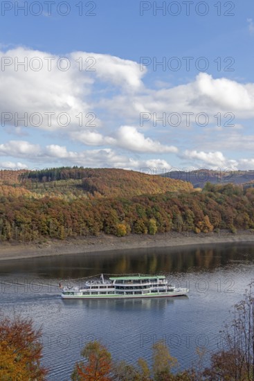 Excursion boat, Biggesee near Sondern, Olpe, Sauerland, North Rhine-Westphalia, Germany