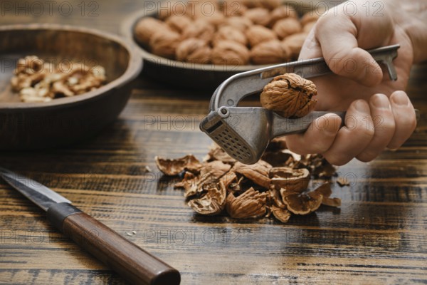 A person uses a nutcracker to open a walnut in a kitchen. There are bowls filled with walnuts