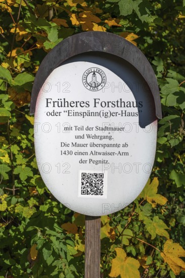 Information board in front of a historic, former forester's lodge, Lauf an der Pegnitz, Middle