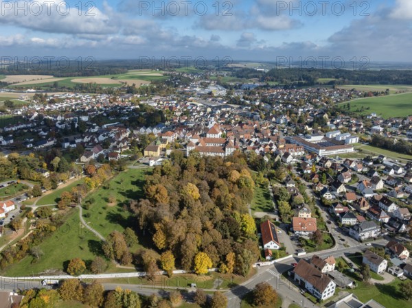 Aerial view, panorama of the city of Messkirch with Messkirch Castle and Castle of the Counts of