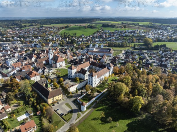 Aerial view of the city of Messkirch with Messkirch Castle and Castle of the Counts of Zimmern,