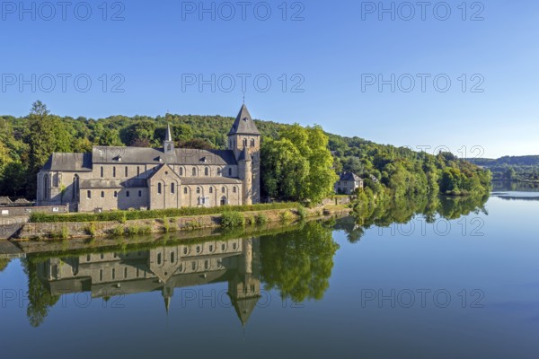 Abbey Church of St Peter, Église abbatiale Saint-Pierre d'Hastière, Hastière-par-delà reflected in