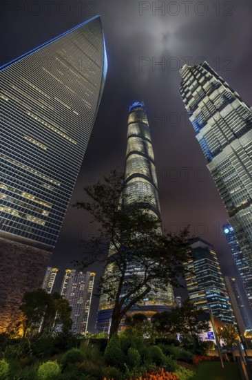 Lujiazui financial district with illuminated skyscrapers, Shanghai Tower, SWFC and Jin Mao Tower in