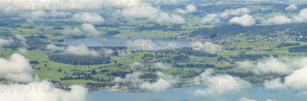 Panorama from Tegelberg, 1881m, of Hopfensee, in front of Lake Forggensee, Ostallgäu, Bavaria,