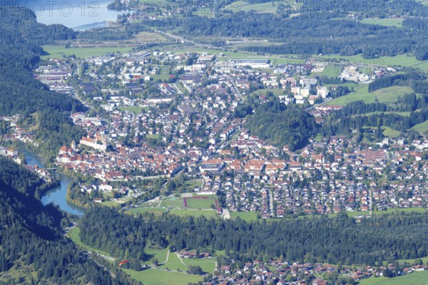Panorama from Tegelberg, 1881m, on Füssen with historic old town, the Lech and behind it the