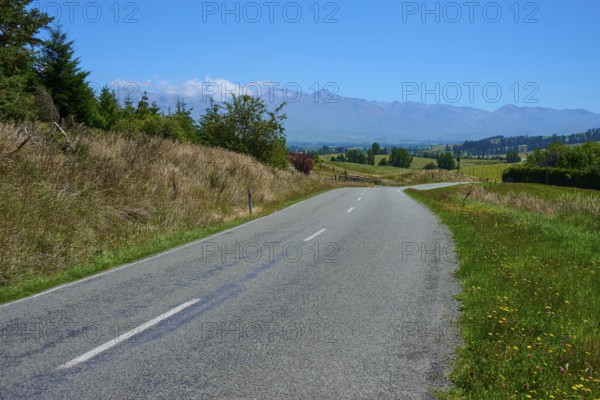 Empty country road leads through green landscape with distant mountains, Geraldine Fairlie Lookout,