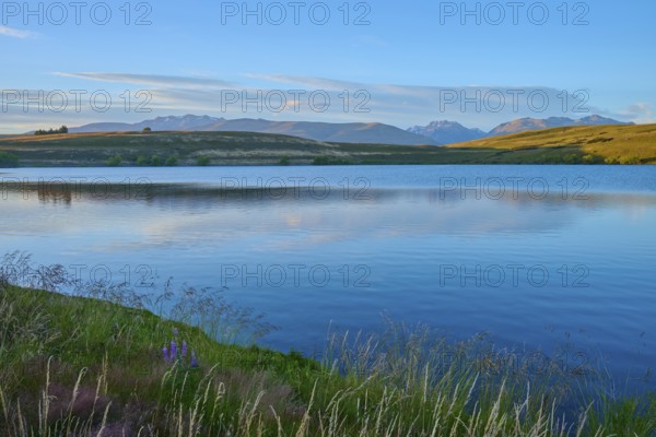 Calm lake with surrounding mountains and blue sky at sunset, Lake McGregor, Tekapo, Canterbury,