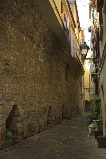 Narrow alley in the old town of Piran, Adriatic, Mediterranean, Piran, Istria, Slovenia