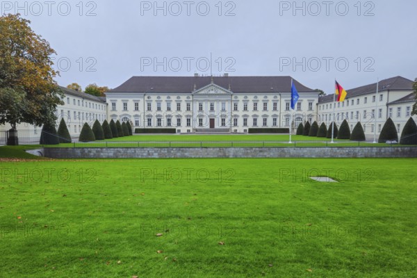 Neoclassical castle in front of a well-kept lawn, lined with topiaries, under grey skies with