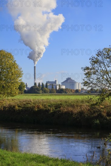 Nordzucker AG sugar factory, smoking chimney during the autumn harvest of sugar beets in the