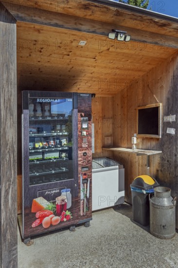 Holzhütte mit Regiomat, vending machine for groceries in Maria-Thann, Allgäu, Swabia, Bayern,