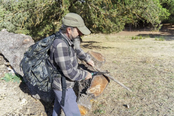 Bearded man wearing a backpack sawing wood for a campfire, preparing for survival camping in a