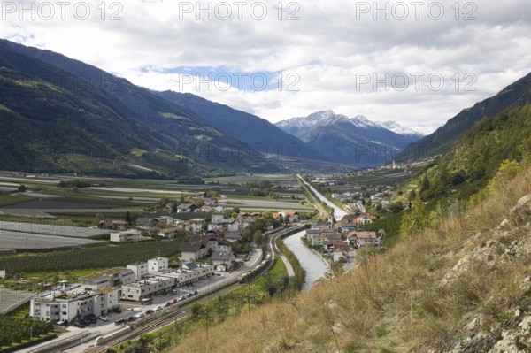 View of the Adige between Naturns and Kiards in the Vinschgau Valley, Italy