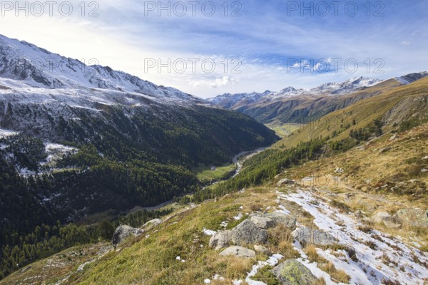 View down into the mountain landscape of the Langtauferer Valley in the Vinschgau Valley in Italy