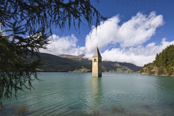 The church tower standing in Lake Reschen is the bell tower of the former parish church of St.