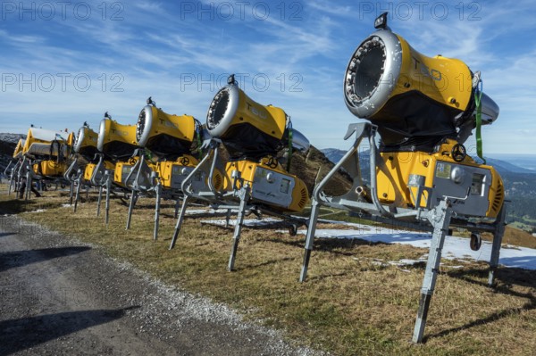 Snow cannons, snow-making systems at Kanzelwand summit station, Kleinwalsertal, Allgäu Alps,