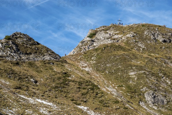 Behind the summit of the Kanzelwand with summit cross and people, Allgäu Alps, Allgäu, Vorarlberg,